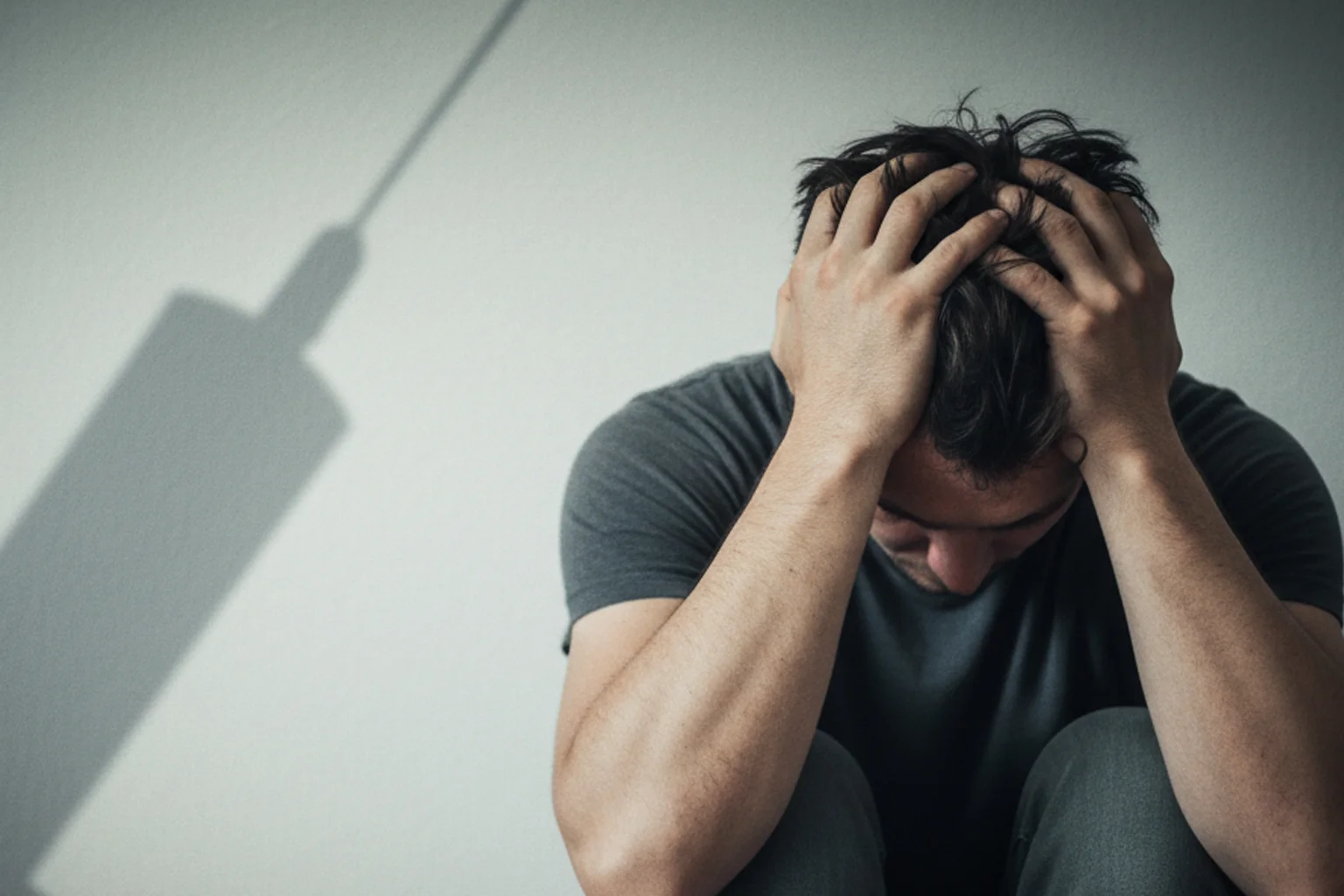 Мужчина с наркотической зависимостью сидит на полу, держась руками за голову
